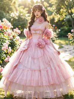 Robe Lolita rose féerique à bretelles spaghetti fleuries longueur thé idéale pour un tea party.