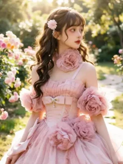 Robe Lolita rose féerique à bretelles spaghetti fleuries longueur thé idéale pour un tea party.