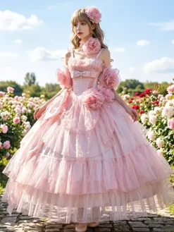 Robe Lolita rose féerique à bretelles spaghetti fleuries longueur thé idéale pour un tea party.