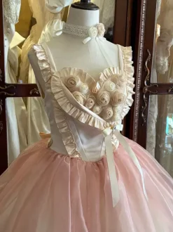 Robe Lolita rose féerique à bretelles à volants et lacets roses robe de ballet Sweet Lolita pour goûter.