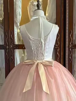 Robe Lolita rose féerique à bretelles à volants et lacets roses robe de ballet Sweet Lolita pour goûter.