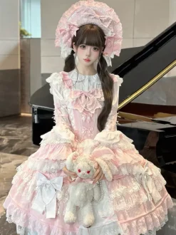 Robe Lolita rose Hime en dentelle à volants JSK courte Sweet Lolita