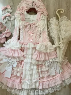 Robe Lolita rose Hime en dentelle à volants JSK courte Sweet Lolita