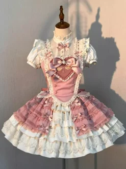 Robe Lolita rose Sweet Lolita à décolleté c艙ur n艙uds et volants