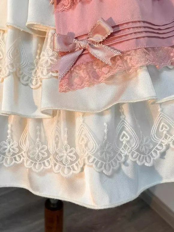Robe Lolita rose Sweet Lolita à décolleté c艙ur n艙uds et volants