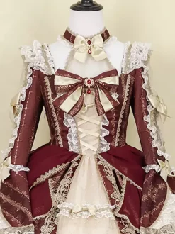 Robe Lolita Série Palais Baroque Rétro Vin Rouge Magnifique Élégante Robe Royale Col Carré Dentelle Ruban N艙ud Papillon