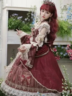Robe Lolita Série Palais Baroque Rétro Vin Rouge Magnifique Élégante Robe Royale Col Carré Dentelle Ruban N艙ud Papillon