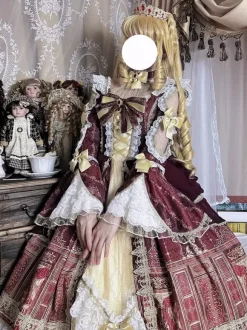 Robe Lolita Série Palais Baroque Rétro Vin Rouge Magnifique Élégante Robe Royale Col Carré Dentelle Ruban N艙ud Papillon