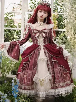 Robe Lolita Série Palais Baroque Rétro Vin Rouge Magnifique Élégante Robe Royale Col Carré Dentelle Ruban N艙ud Papillon