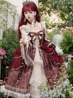 Robe Lolita Série Palais Baroque Rétro Vin Rouge Magnifique Élégante Robe Royale Col Carré Dentelle Ruban N艙ud Papillon