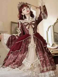 Robe Lolita Série Palais Baroque Rétro Vin Rouge Magnifique Élégante Robe Royale Col Carré Dentelle Ruban N艙ud Papillon