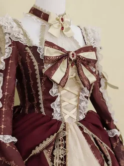 Robe Lolita Série Palais Baroque Rétro Vin Rouge Magnifique Élégante Robe Royale Col Carré Dentelle Ruban N艙ud Papillon