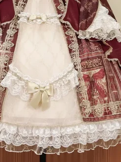 Robe Lolita Série Palais Baroque Rétro Vin Rouge Magnifique Élégante Robe Royale Col Carré Dentelle Ruban N艙ud Papillon