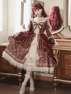 Robe Lolita Série Palais Baroque Rétro Vin Rouge Magnifique Élégante Robe Royale Col Carré Dentelle Ruban N艙ud Papillon