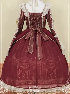 Robe Lolita Série Palais Baroque Rétro Vin Rouge Magnifique Élégante Robe Royale Col Carré Dentelle Ruban N艙ud Papillon