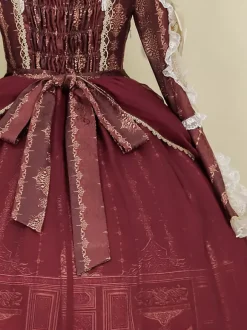 Robe Lolita Série Palais Baroque Rétro Vin Rouge Magnifique Élégante Robe Royale Col Carré Dentelle Ruban N艙ud Papillon