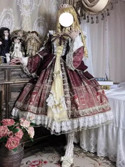 Robe Lolita Série Palais Baroque Rétro Vin Rouge Magnifique Élégante Robe Royale Col Carré Dentelle Ruban N艙ud Papillon