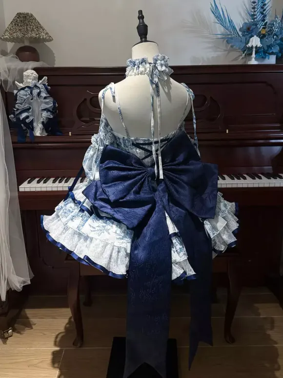Robe Lolita Sweet bleu ciel clair à lacets et n艙uds manches courtes
