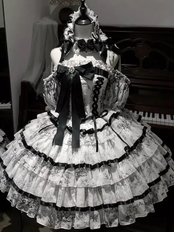 Robe Lolita Sweet bleu ciel clair à lacets et n艙uds manches courtes