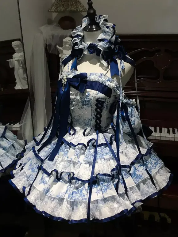 Robe Lolita Sweet bleu ciel clair à lacets et n艙uds manches courtes