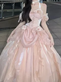 Robe Lolita Sweet Fairy Hime Bank Bandage sans manches à volants Robe Lolita rose