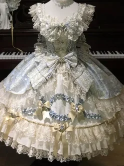 Robe Lolita Sweet Lolita en polyester sans manches dentelle bandage et n艙uds bleu ciel clair