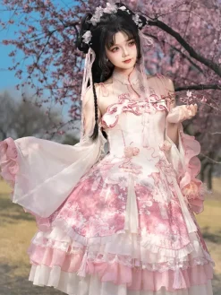Robe Lolita Sweet Magenta sans manches en dentelle avec chaînes style kawaii asiatique