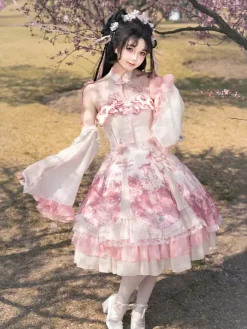 Robe Lolita Sweet Magenta sans manches en dentelle avec chaînes style kawaii asiatique