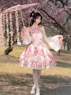 Robe Lolita Sweet Magenta sans manches en dentelle avec chaînes style kawaii asiatique