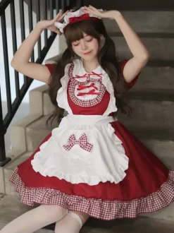 Robe Lolita Sweet Maid Costume Cosplay Rouge Velours Volants Uniforme