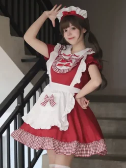 Robe Lolita Sweet Maid Costume Cosplay Rouge Velours Volants Uniforme