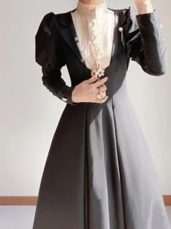 Robe Lolita Vintage Classique Marionnette Polyester Volants Manches Longues Noire