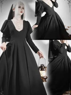Robe Lolita Vintage Classique Marionnette Polyester Volants Manches Longues Noire