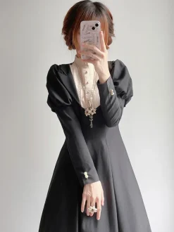 Robe Lolita Vintage Classique Marionnette Polyester Volants Manches Longues Noire