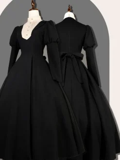 Robe Lolita Vintage Classique Marionnette Polyester Volants Manches Longues Noire