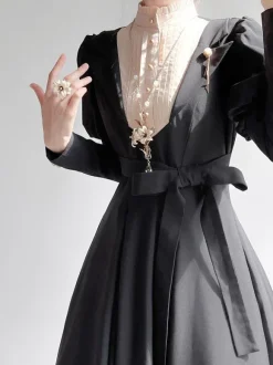 Robe Lolita Vintage Classique Marionnette Polyester Volants Manches Longues Noire