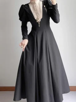 Robe Lolita Vintage Classique Marionnette Polyester Volants Manches Longues Noire