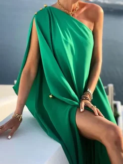 Robe longue asymétrique à une épaule pour femme - Robe drapée minimaliste à manches cape - Idéale pour un mariage d'été à la plage (collection 2026)