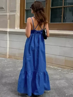 Robe longue bleu roi 100 % coton pour femme - Robe d'été à bretelles croisées dans le dos - Robe de plage à col en V - Collection 2026