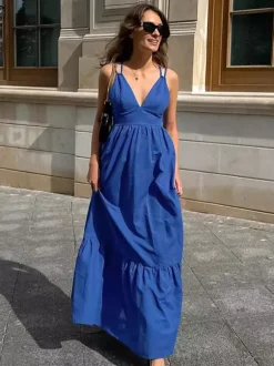 Robe longue bleu roi 100 % coton pour femme - Robe d'été à bretelles croisées dans le dos - Robe de plage à col en V - Collection 2026