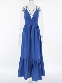 Robe longue bleu roi 100 % coton pour femme - Robe d'été à bretelles croisées dans le dos - Robe de plage à col en V - Collection 2026