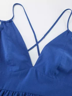 Robe longue bleu roi 100 % coton pour femme - Robe d'été à bretelles croisées dans le dos - Robe de plage à col en V - Collection 2026