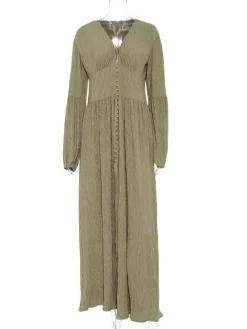 Robe longue bohème à col V - Manches bouffantes boutons sur le devant fente haute - Idéale pour les vacances de printemps à la plage 2026
