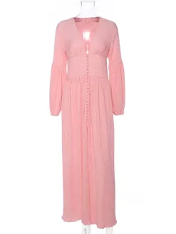 Robe longue bohème à col V - Manches bouffantes boutons sur le devant fente haute - Idéale pour les vacances de printemps à la plage 2026