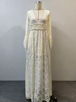Robe longue bohème en dentelle florale pour femme - Abricot col en V taille empire manches évasées - Collection printemps-été 2026