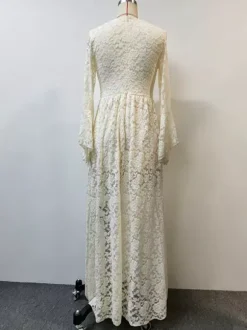 Robe longue bohème en dentelle florale pour femme - Abricot col en V taille empire manches évasées - Collection printemps-été 2026