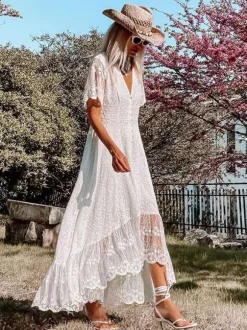 Robe longue bohème en dentelle blanche pour femme - Robe courte à manches courtes et boutons brodés - Tenue d'été idéale pour la plage les mariages et les fêtes (collection 2026)