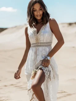 Robe longue bohème en dentelle pour femme - Robe d'été chic sans manches à col en V et découpes - Vacances d'été à la plage 2026
