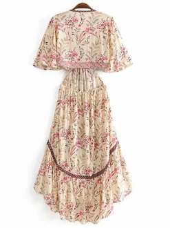 Robe longue bohème fleurie asymétrique pour femme - Rose crème découpes n艙ud sur le devant manches papillon - Été 2026