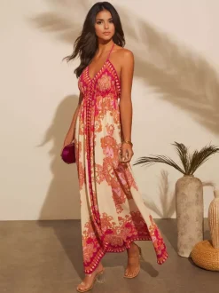 Robe longue bohème à imprimé cachemire pour femme - Robe longue fluide et ample à col halter imprimé ethnique - Idéale pour les vacances d'été tropicales 2026